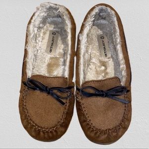 Brown furry slip on moccasins